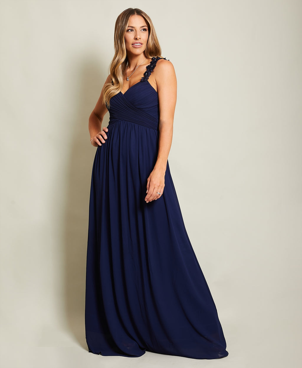 Flower Shoulder Chiffon Maxi Dress Navy