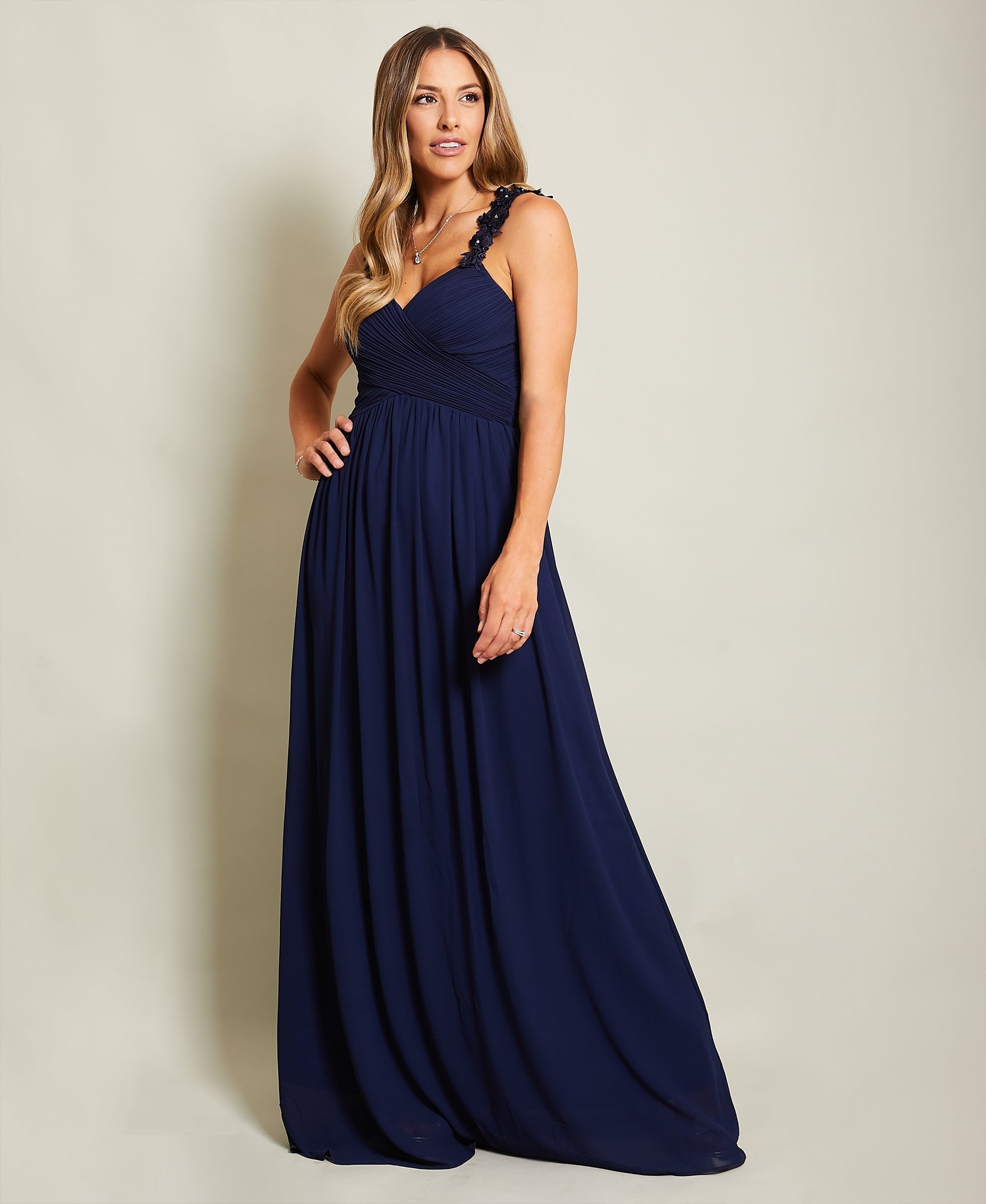 Flower Shoulder Chiffon Maxi Dress Navy