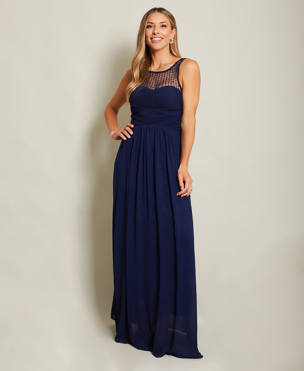 Gem & Mesh Front Chiffon Maxi Dress Navy