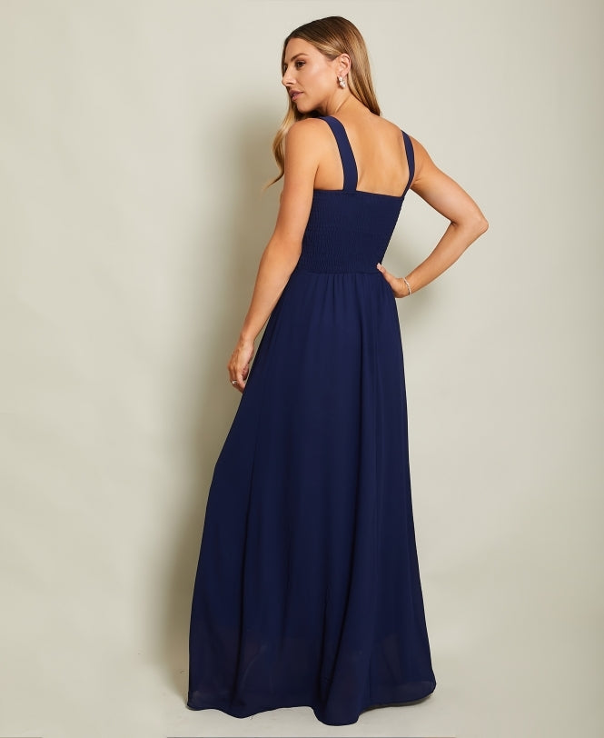 Gem & Mesh Front Chiffon Maxi Dress Navy