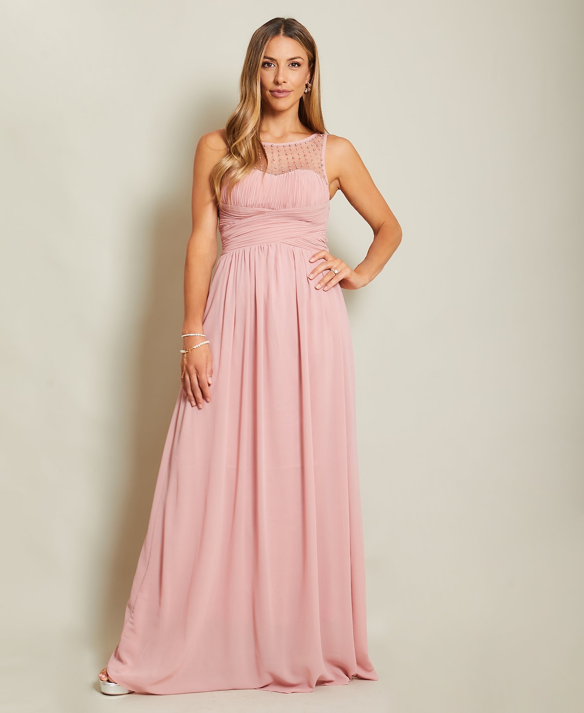 Gem & Mesh Front Chiffon Maxi Dress Dark Pink