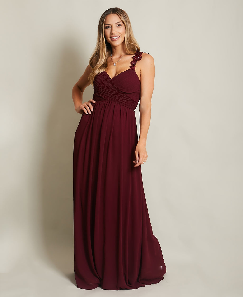 Flower Shoulder Chiffon Maxi Dress Wine