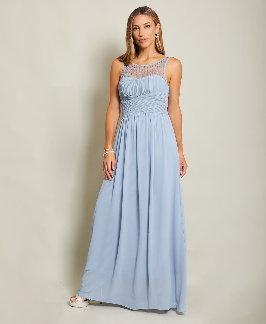 Gem & Mesh Front Chiffon Maxi Dress Dusty Blue