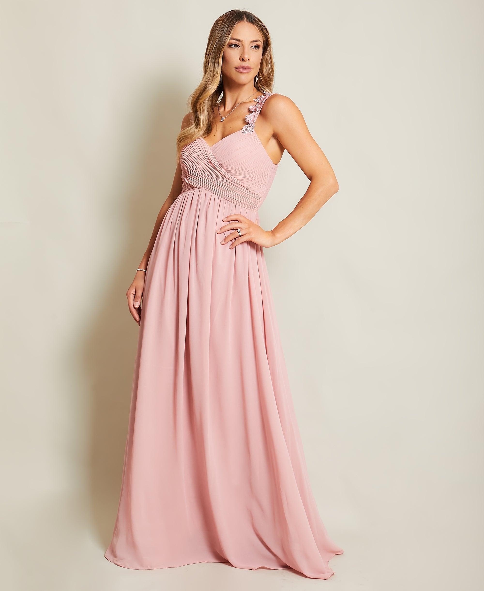 Flower Shoulder Chiffon Maxi Dress Dark Pink