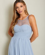 Gem & Mesh Front Chiffon Maxi Dress Dusty Blue