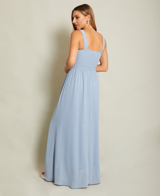 Gem & Mesh Front Chiffon Maxi Dress Dusty Blue