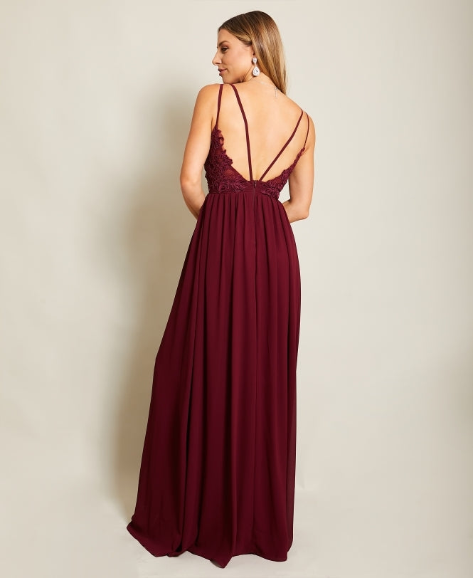 Strappy Crochet Back Chiffon Maxi Dress Wine