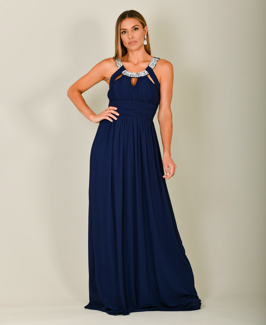 Diamante Neck Chiffon Maxi Dress Navy