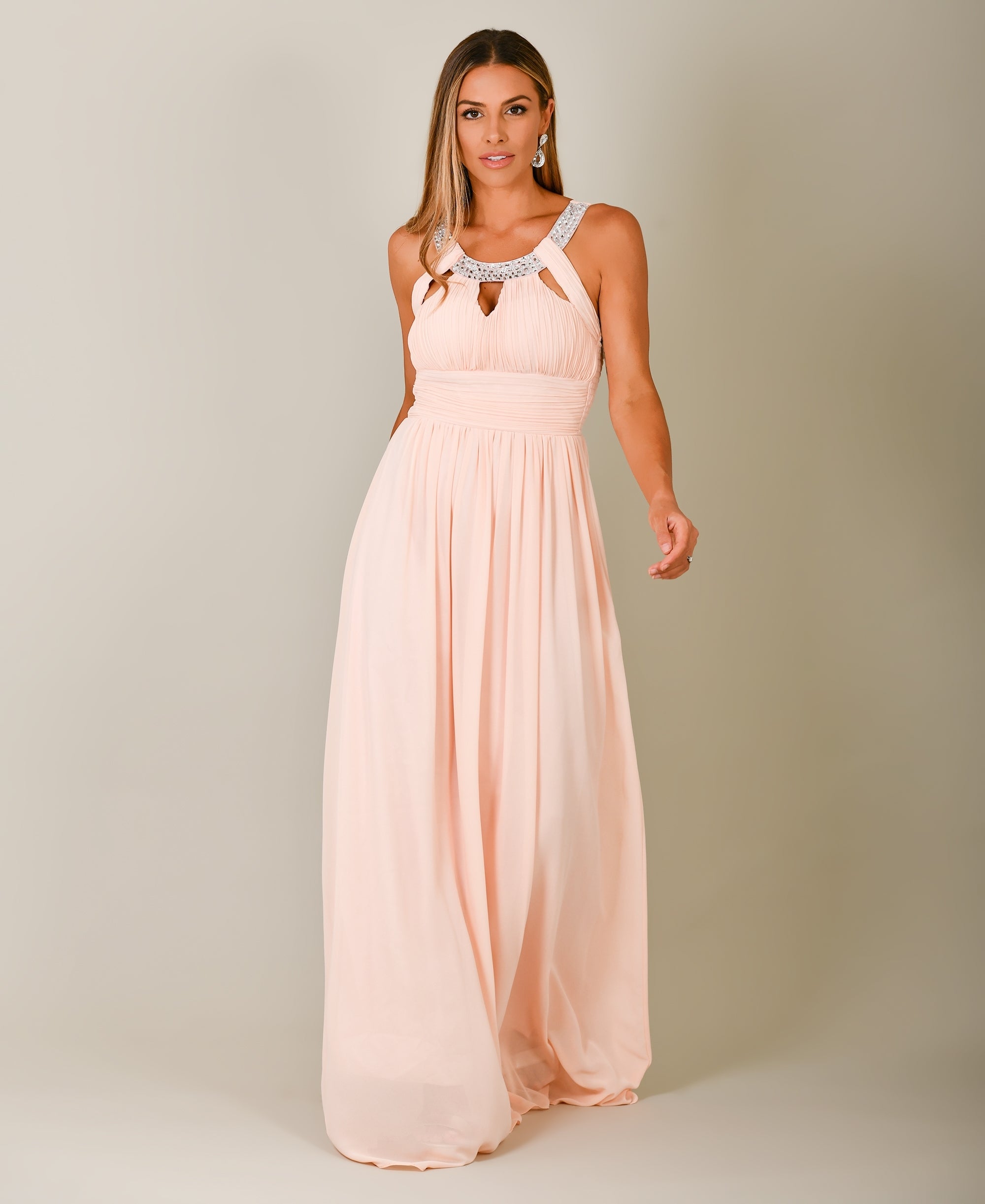 Diamante Neck Chiffon Maxi Dress Pink