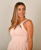 Diamante Neck Chiffon Maxi Dress Pink