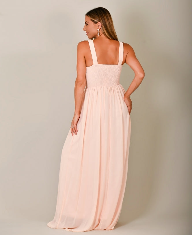 Diamante Neck Chiffon Maxi Dress Pink