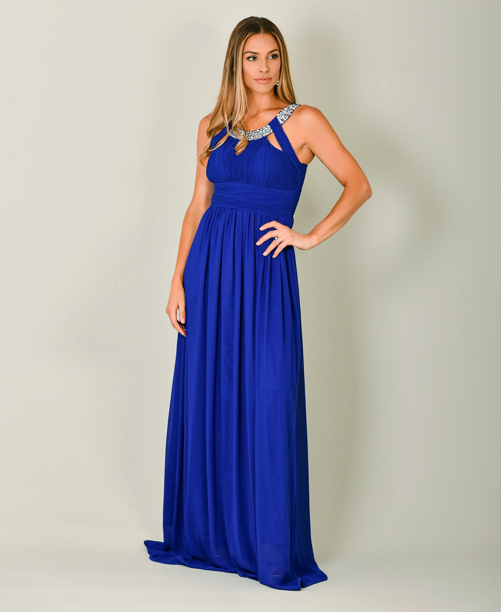 Diamante Neck Chiffon Maxi Dress Royal Blue