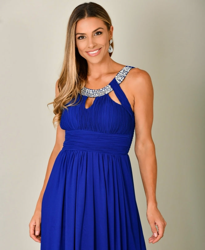Diamante Neck Chiffon Maxi Dress Royal Blue