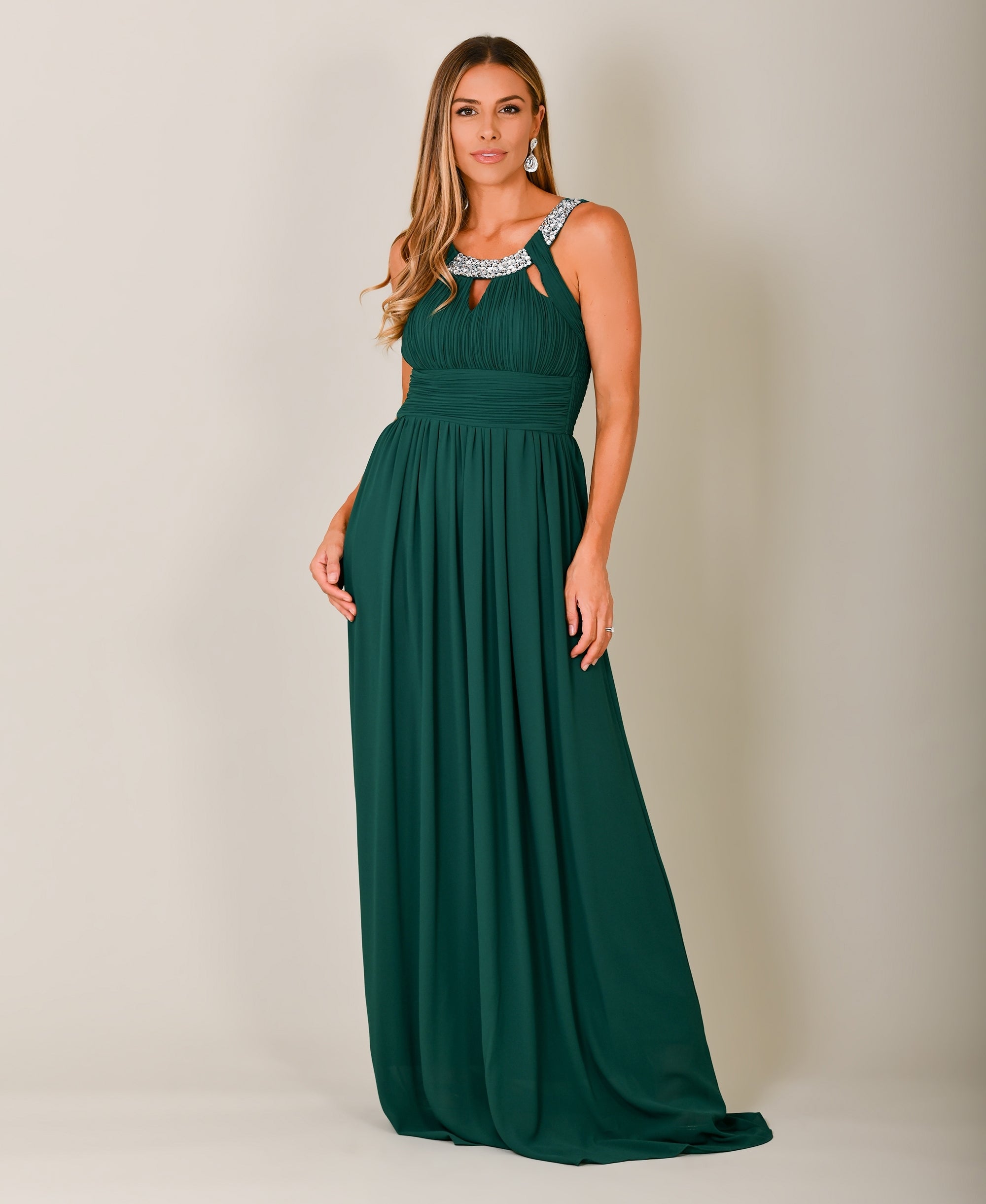Diamante Neck Chiffon Maxi Dress Dark Green