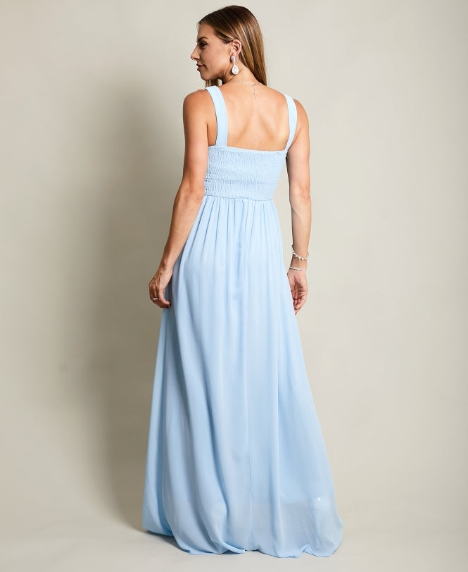 Pleated Front Chiffon Maxi Dress Aqua