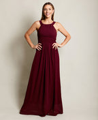 Pleated Front Chiffon Maxi Dress Wine