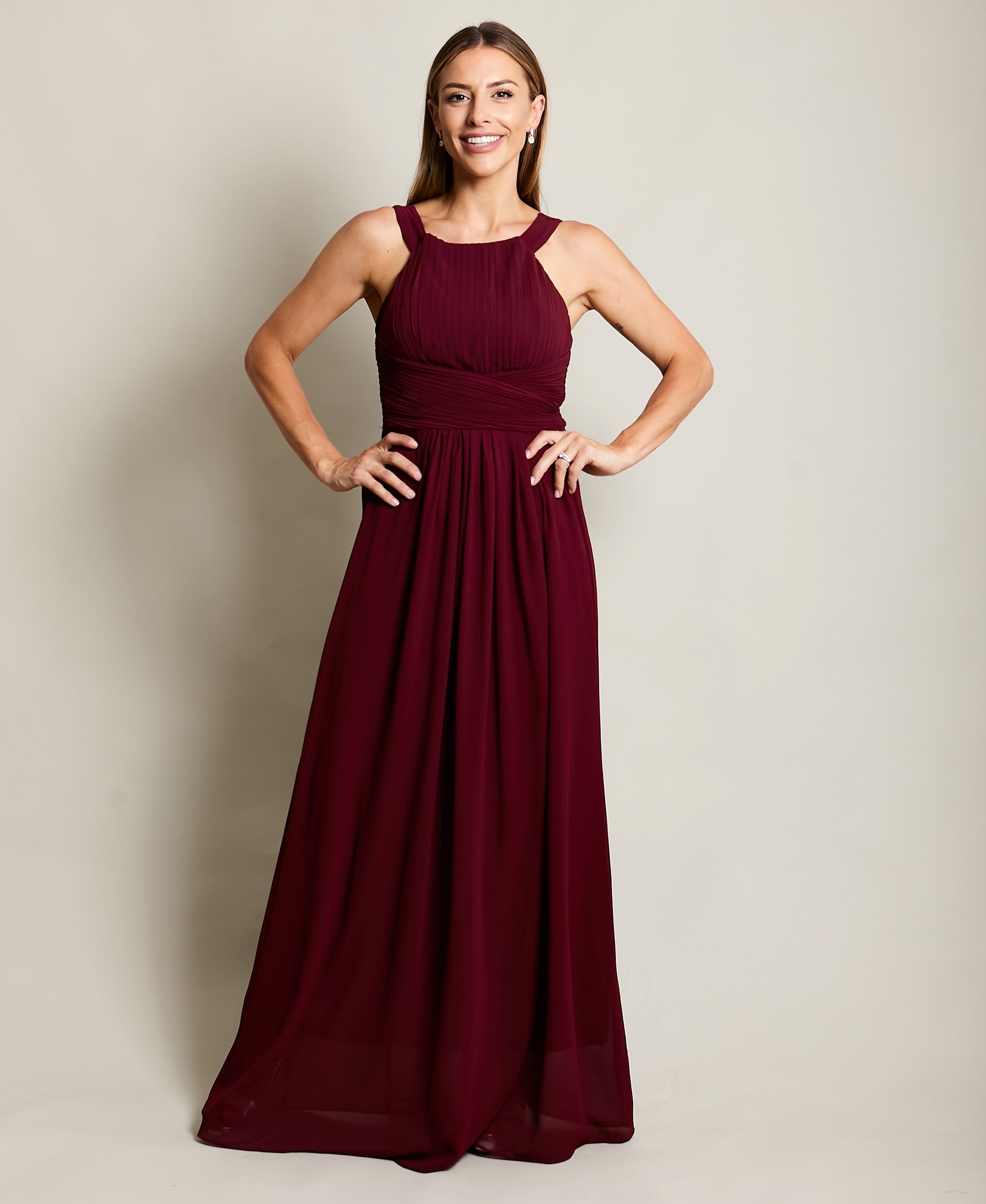 Pleated Front Chiffon Maxi Dress Wine