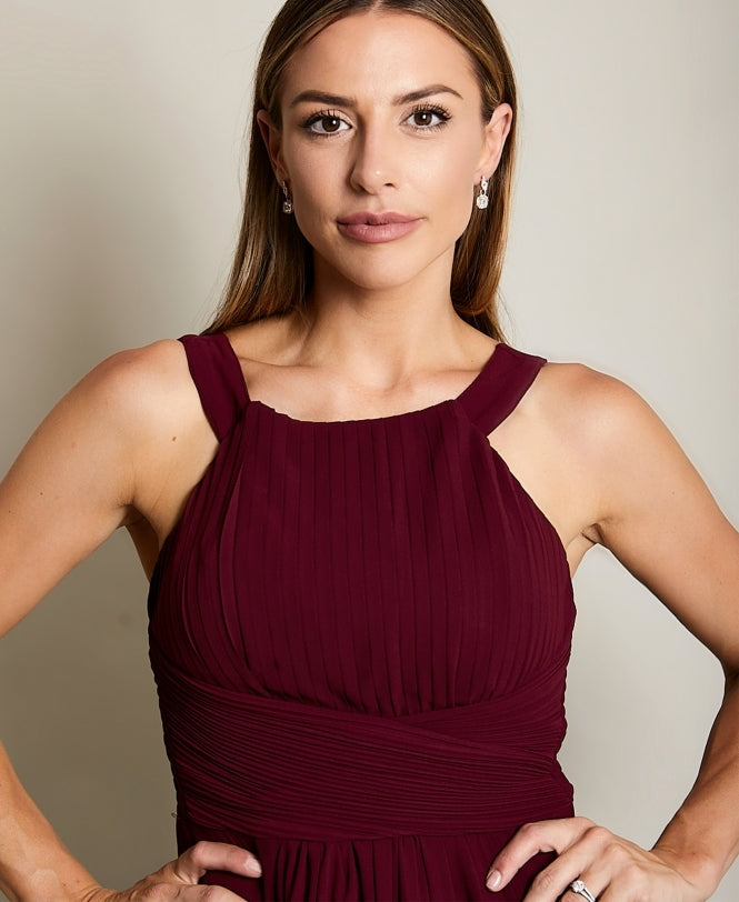 Pleated Front Chiffon Maxi Dress Wine