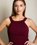 Pleated Front Chiffon Maxi Dress Wine