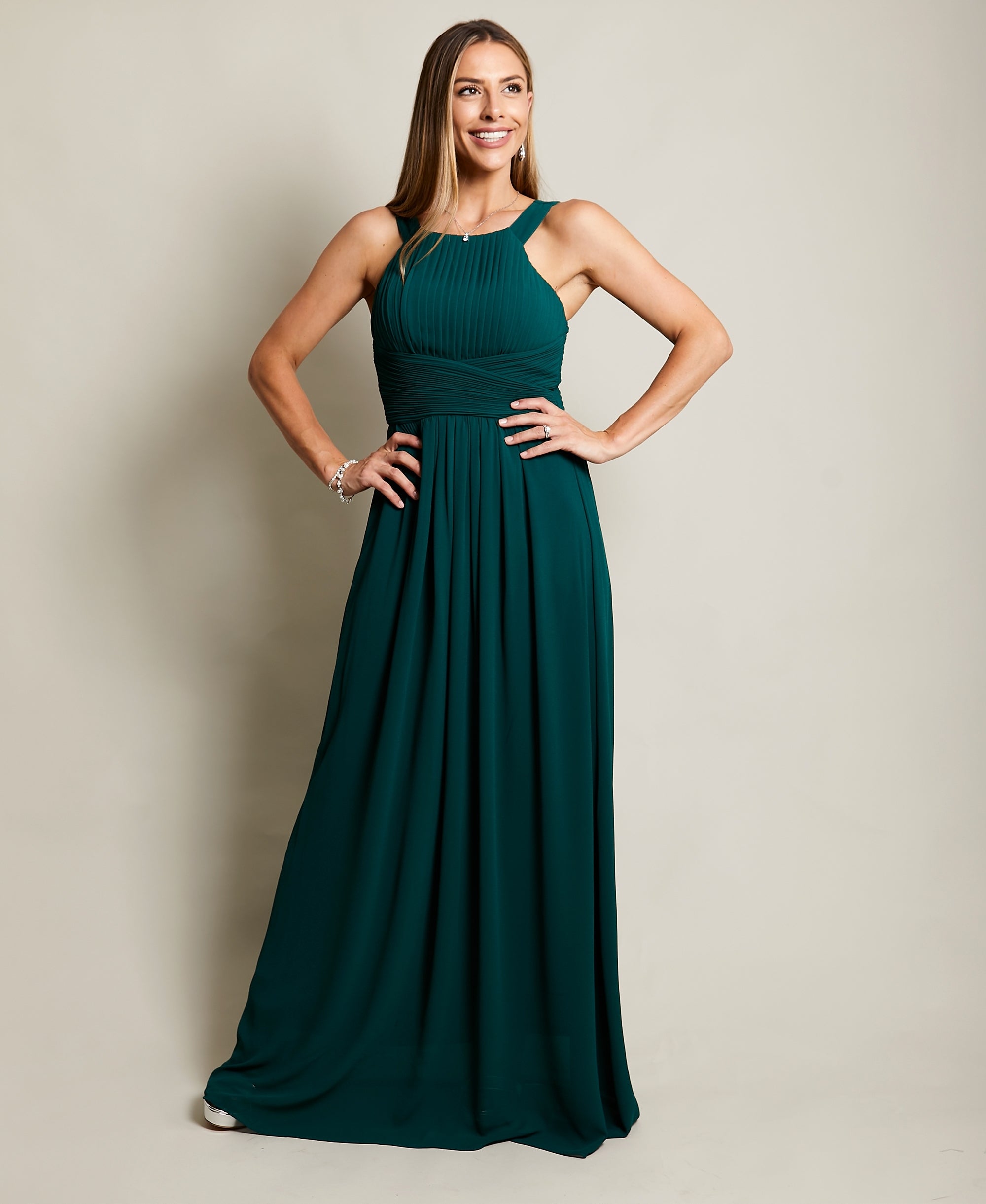 Pleated Front Chiffon Maxi Dress Dark Green