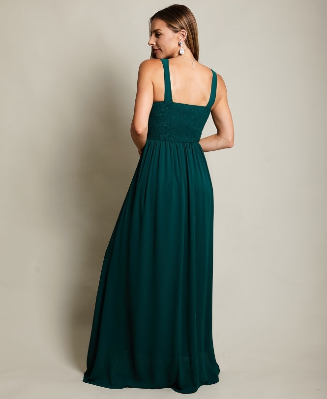 Pleated Front Chiffon Maxi Dress Dark Green