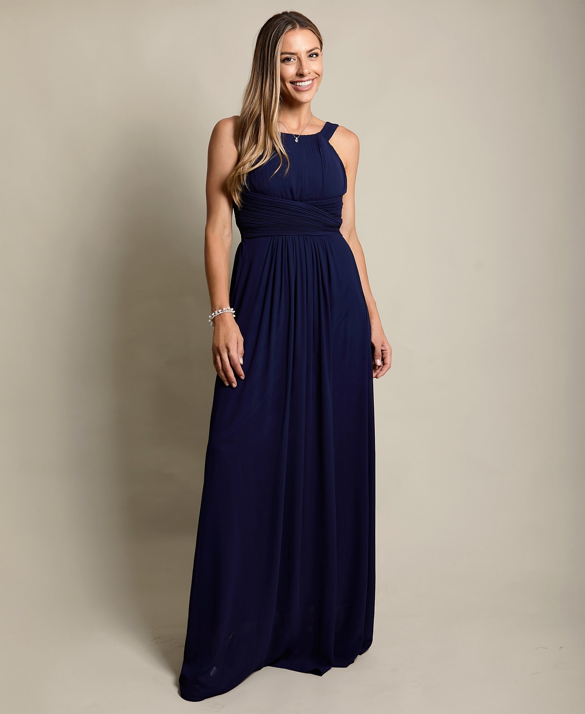 Pleated Front Chiffon Maxi Dress Navy