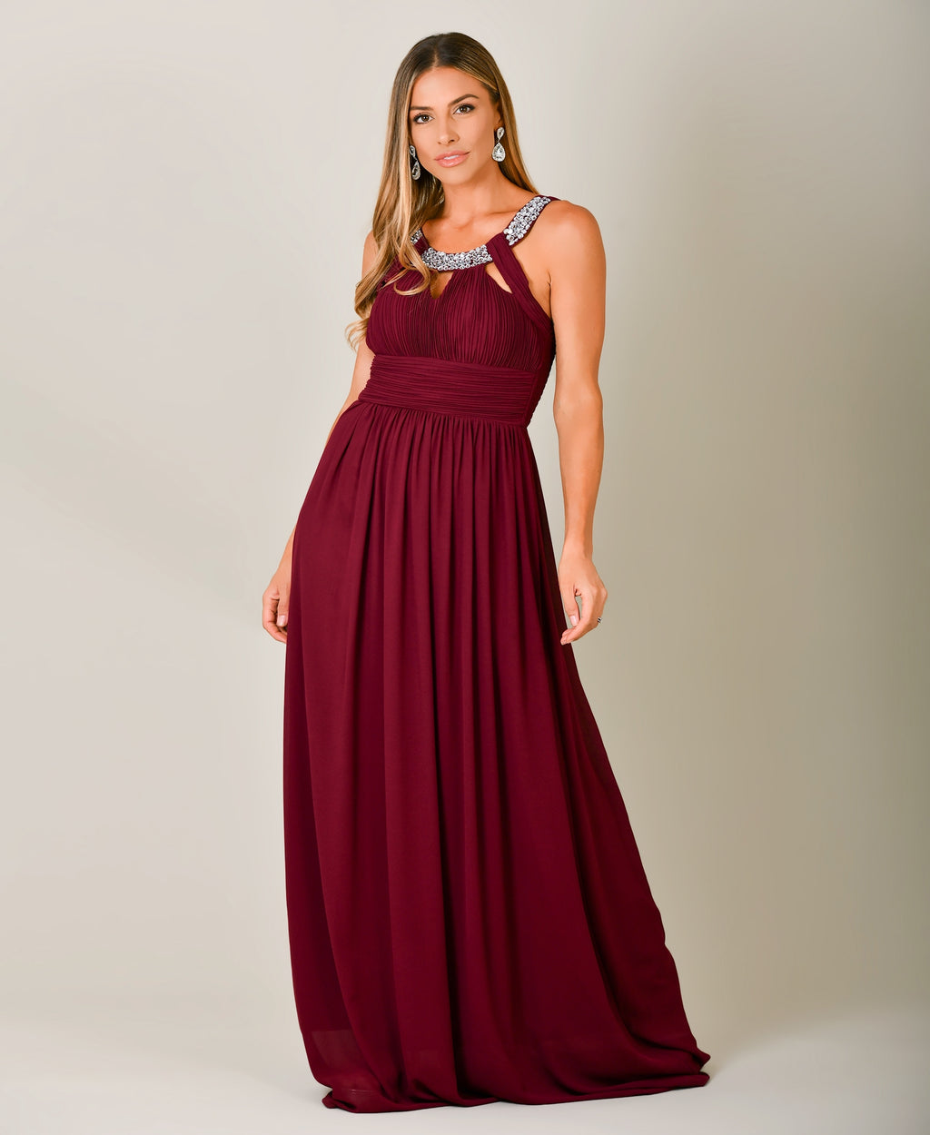 Diamante Neck Chiffon Maxi Dress Wine