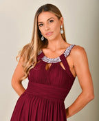 Diamante Neck Chiffon Maxi Dress Wine