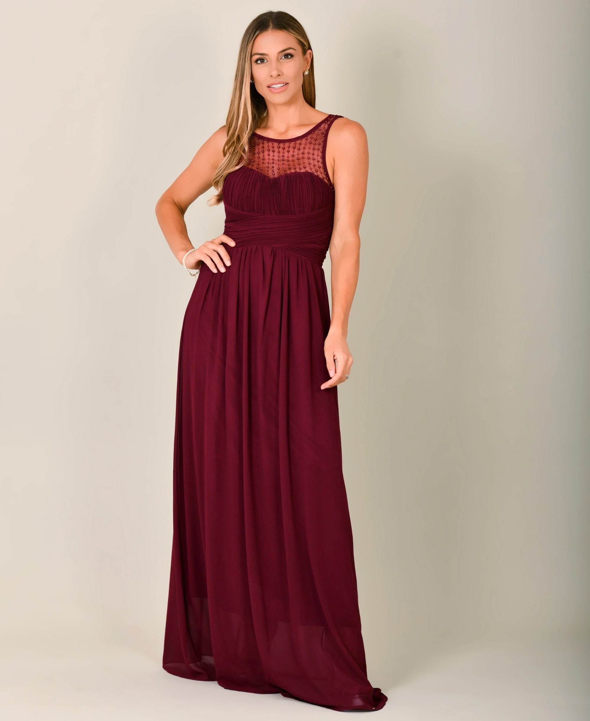 Gem & Mesh Front Chiffon Maxi Dress Wine