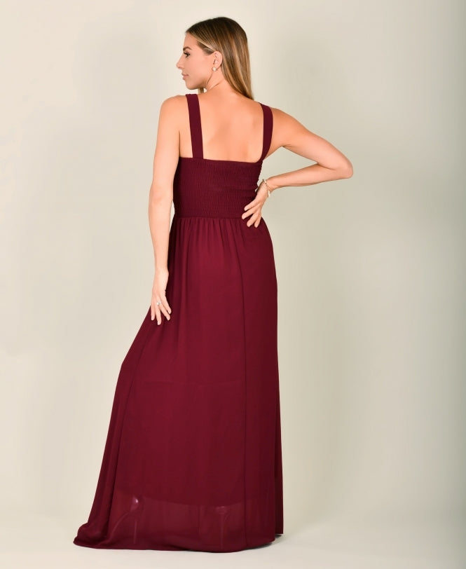 Gem & Mesh Front Chiffon Maxi Dress Wine