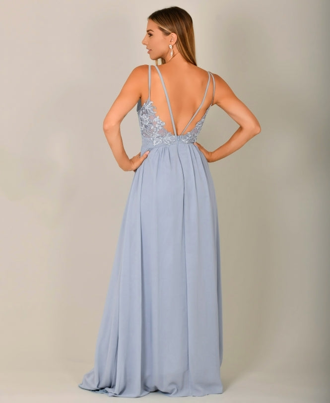 Strappy Crochet Back Chiffon Maxi Dress Dusty Blue