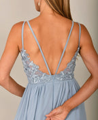 Strappy Crochet Back Chiffon Maxi Dress Dusty Blue