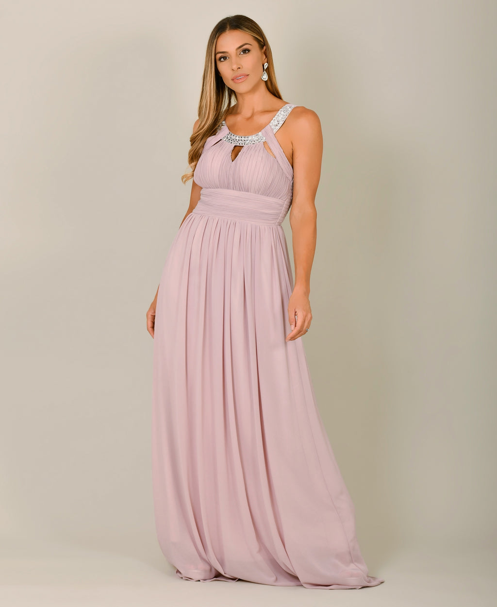Diamante Neck Chiffon Maxi Dress Taupe
