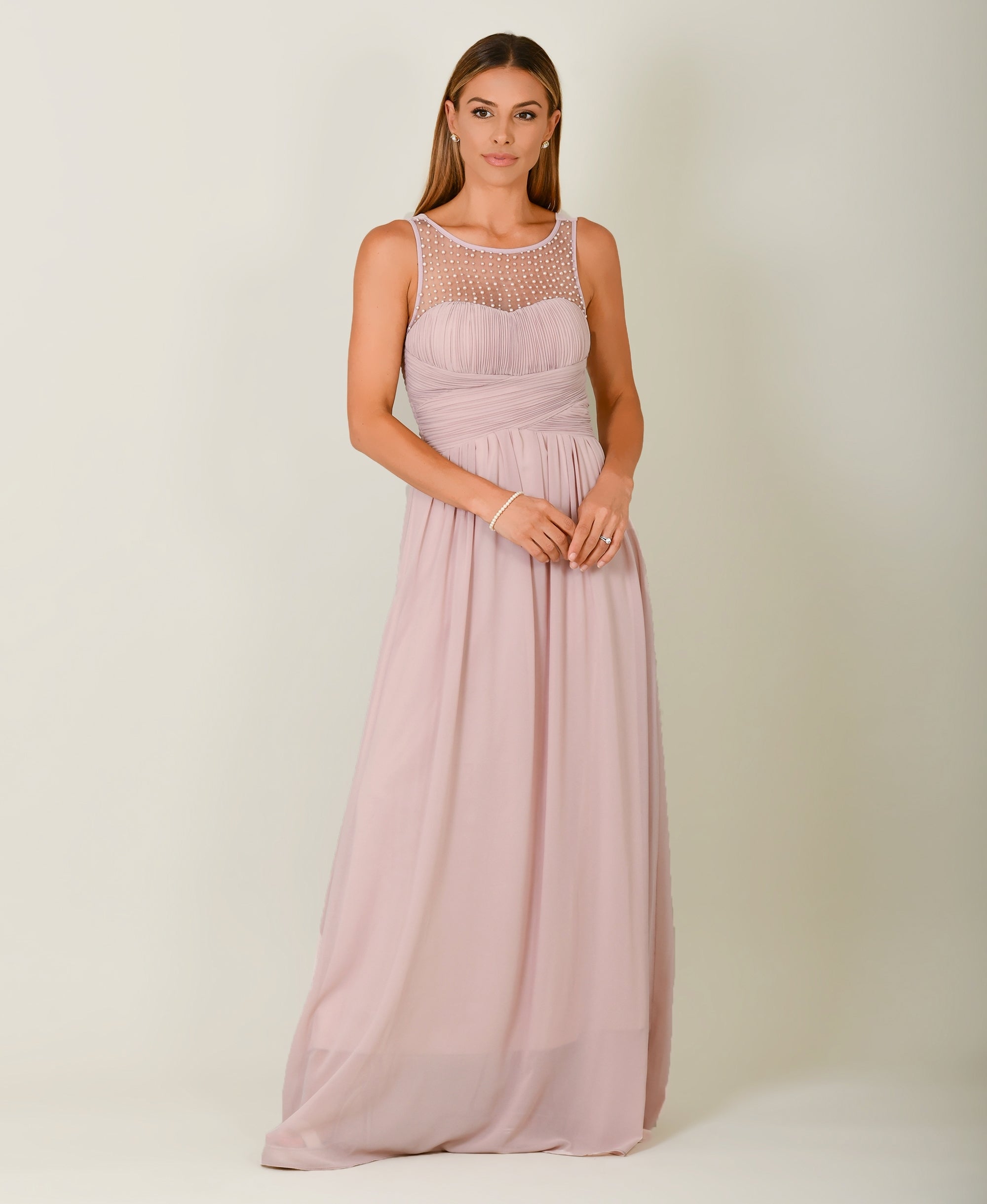 Gem & Mesh Front Chiffon Maxi Dress Taupe
