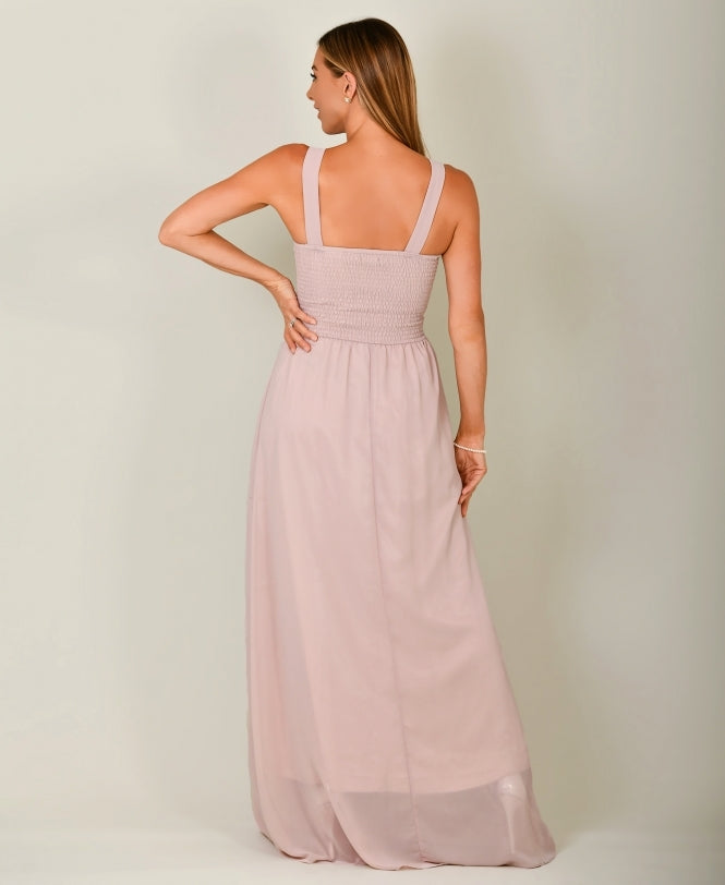 Gem & Mesh Front Chiffon Maxi Dress Taupe