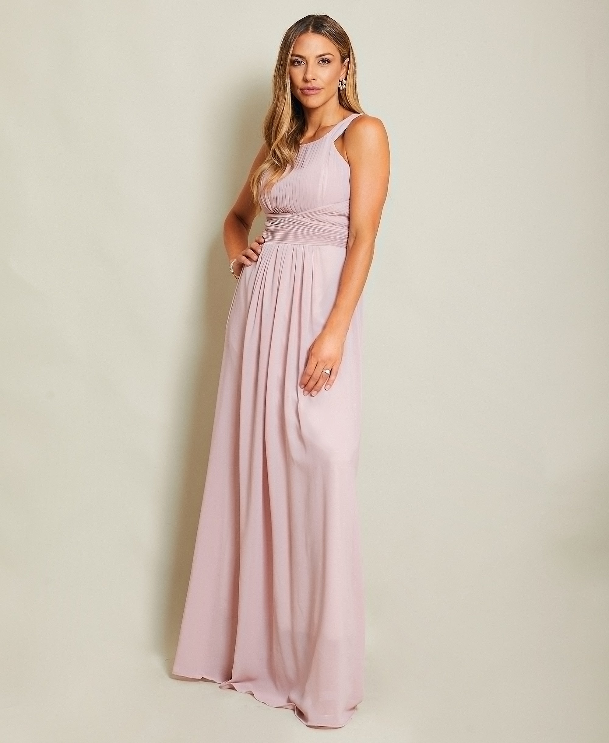 Pleated Front Chiffon Maxi Dress Taupe