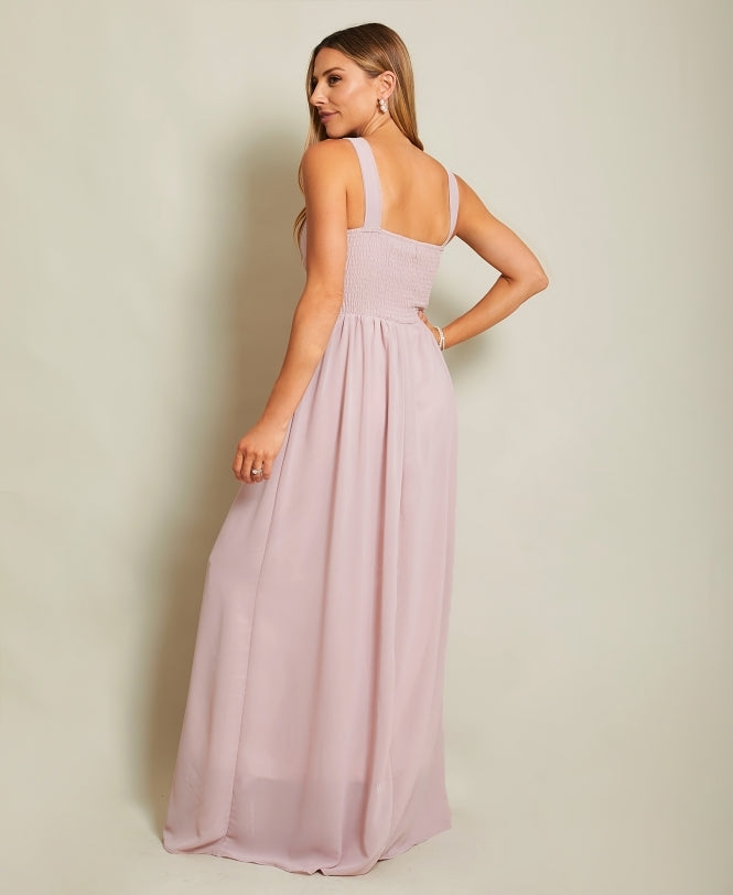Pleated Front Chiffon Maxi Dress Taupe