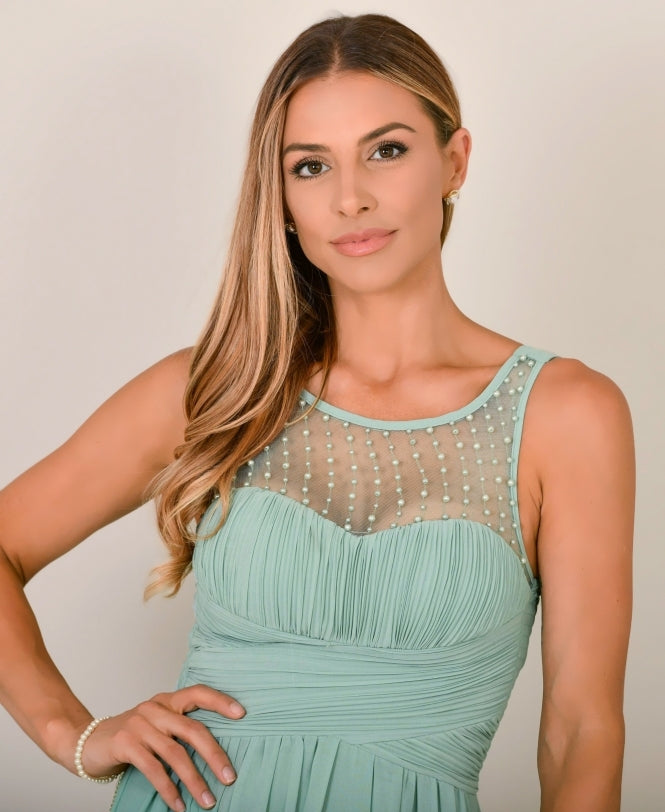 Gem & Mesh Front Chiffon Maxi Dress Sage Green