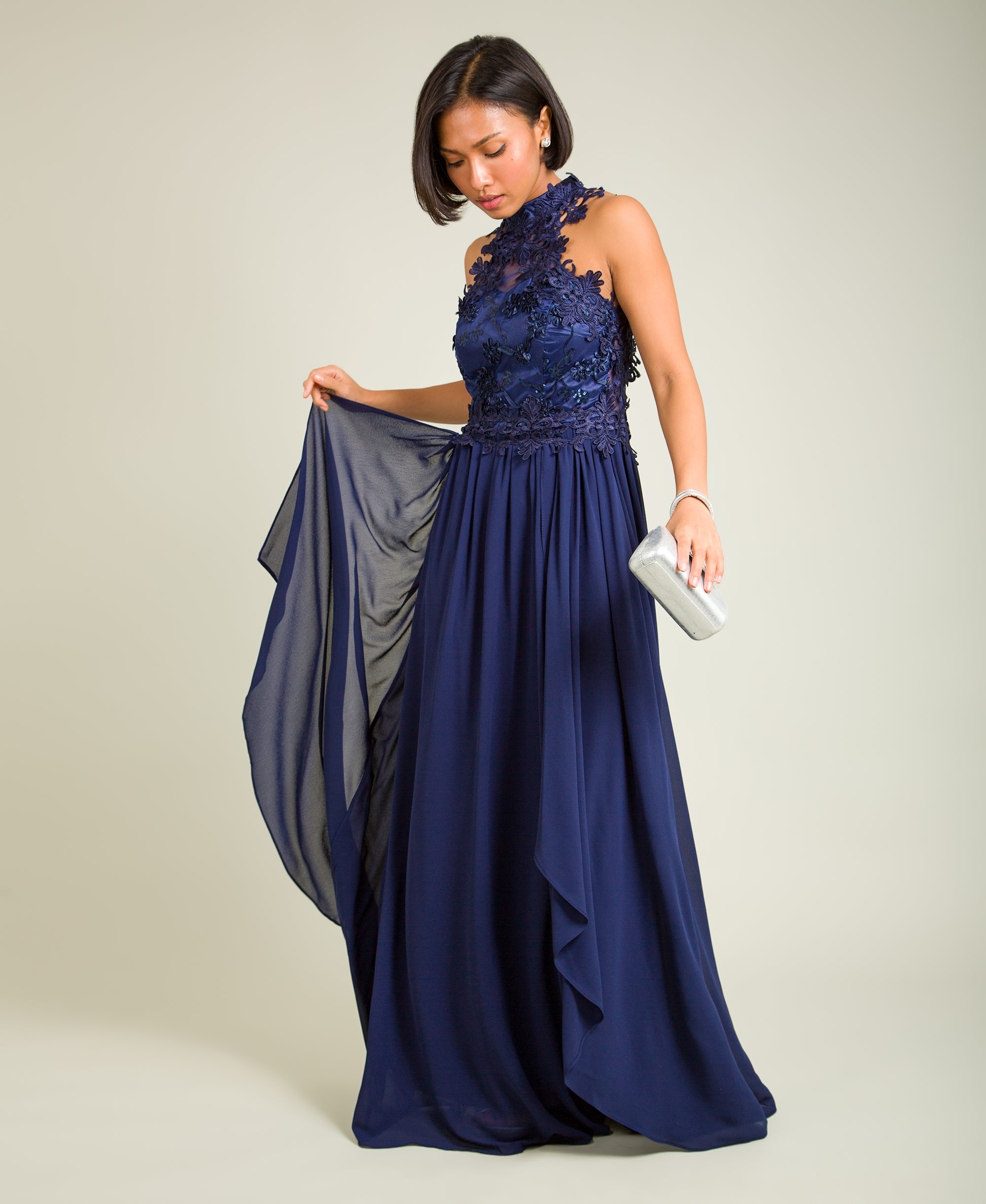 Lace Halterneck Maxi Dress Navy