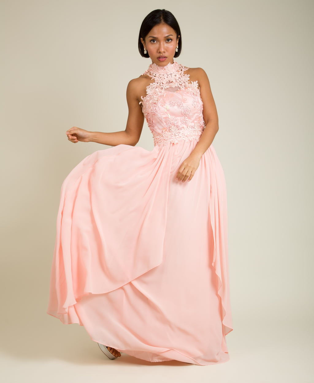 Lace Halterneck Maxi Dress Pink