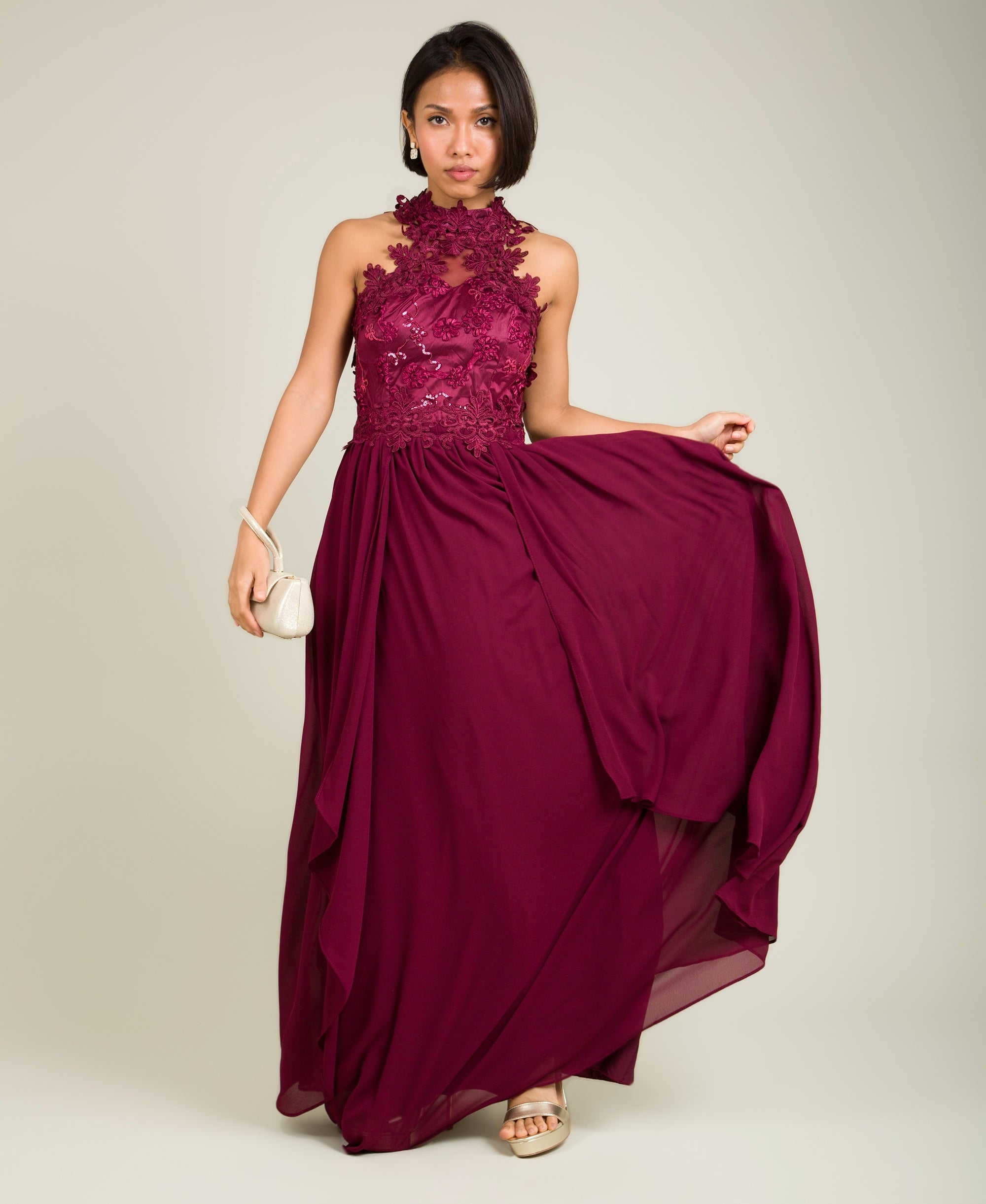 Lace Halterneck Maxi Dress Wine