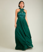 Lace Halterneck Maxi Dress Dark Green