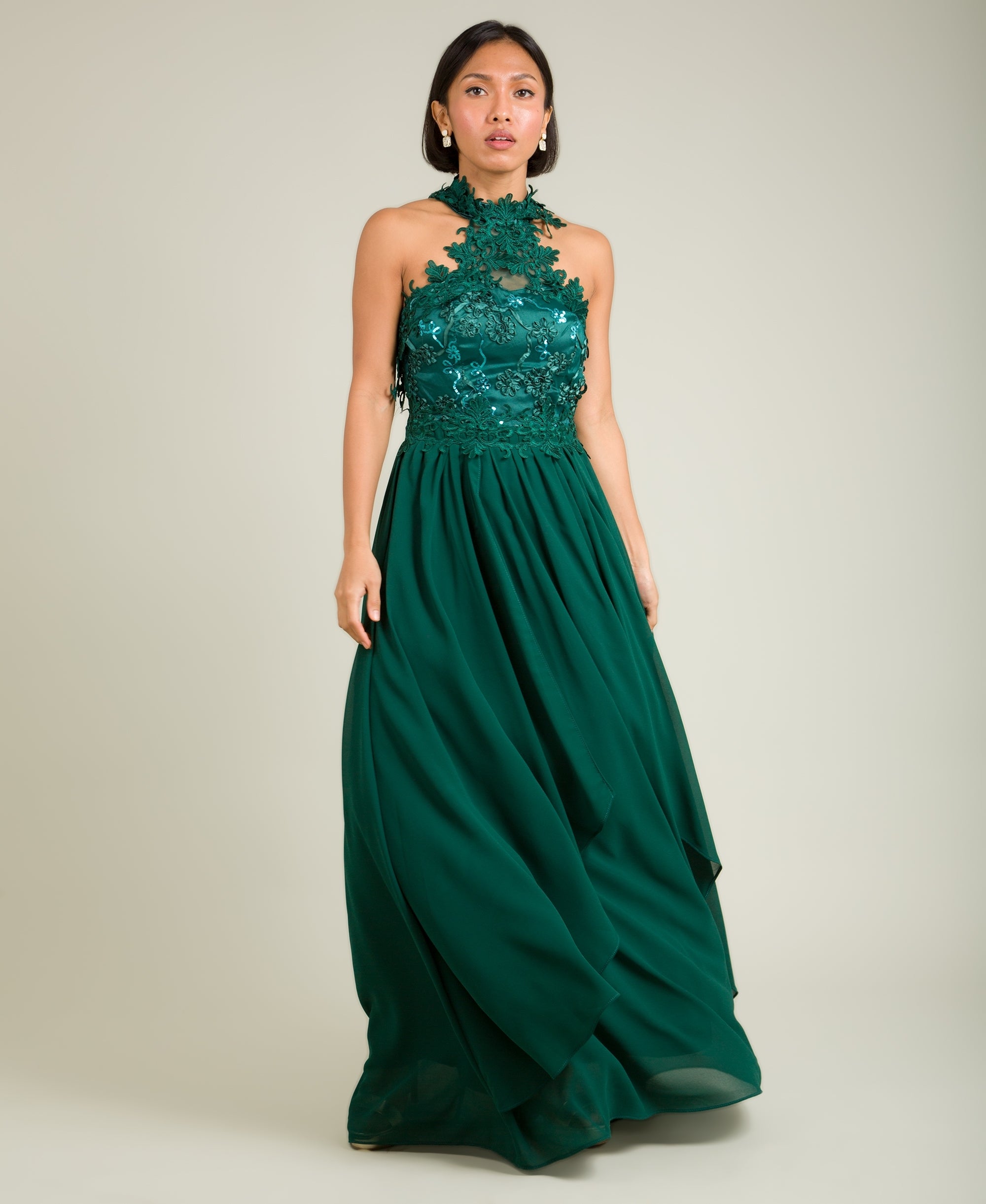 Lace Halterneck Maxi Dress Dark Green