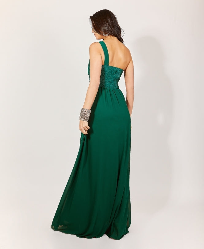 One Shoulder Chiffon Maxi Bridesmaid Dress Dark Green