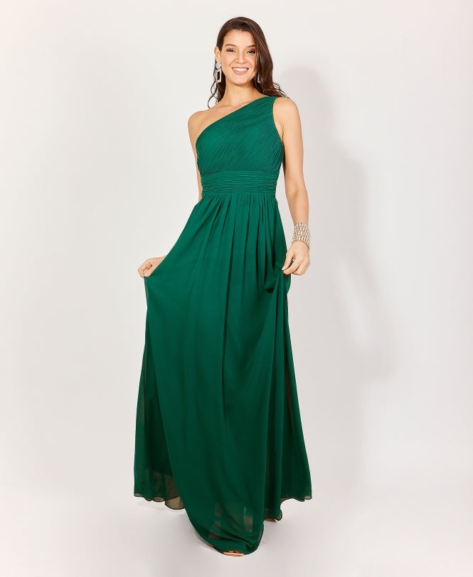 One Shoulder Chiffon Maxi Bridesmaid Dress Dark Green