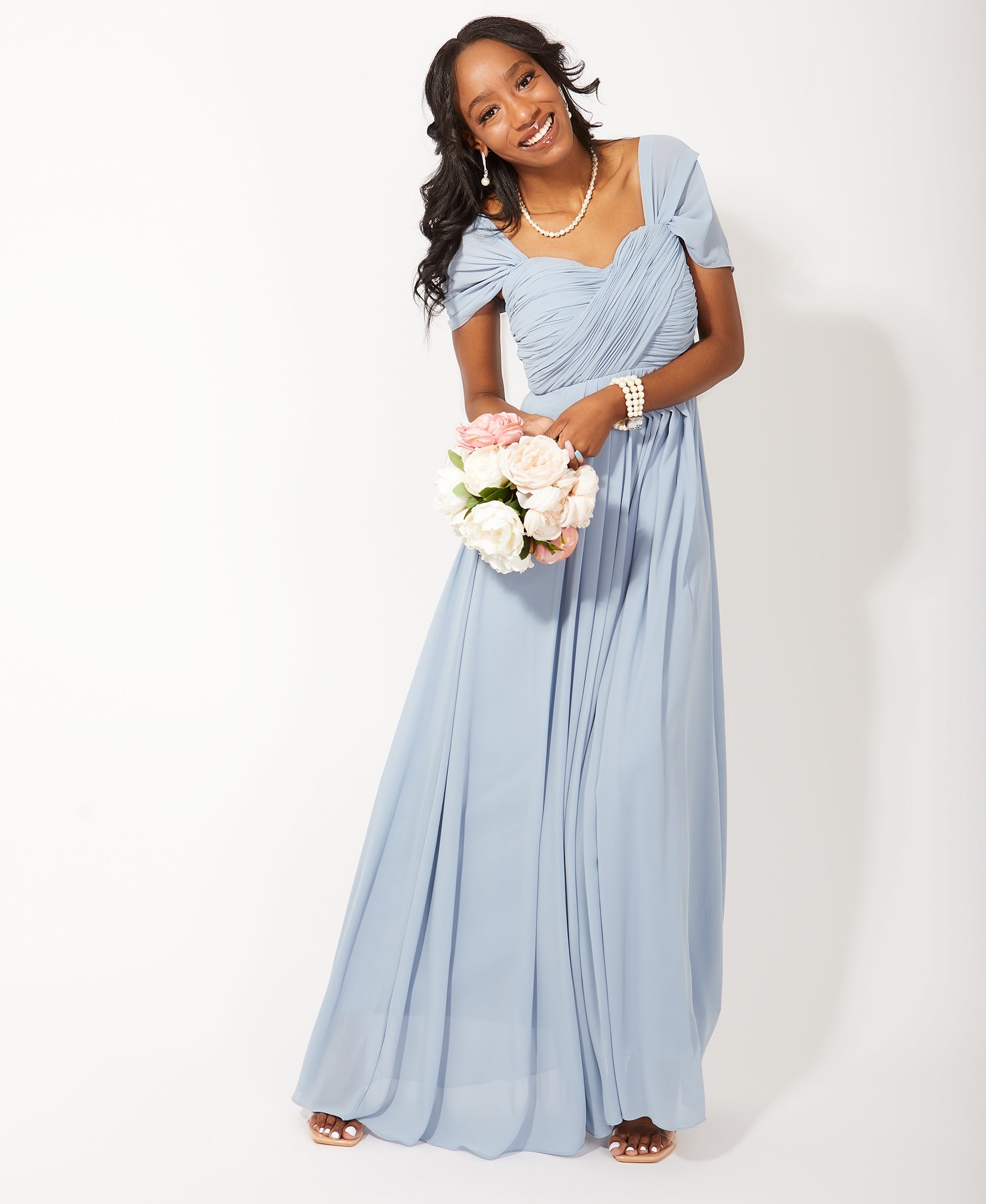Cap Sleeve Off Shoulder Bridesmaid Dress Dusty Blue