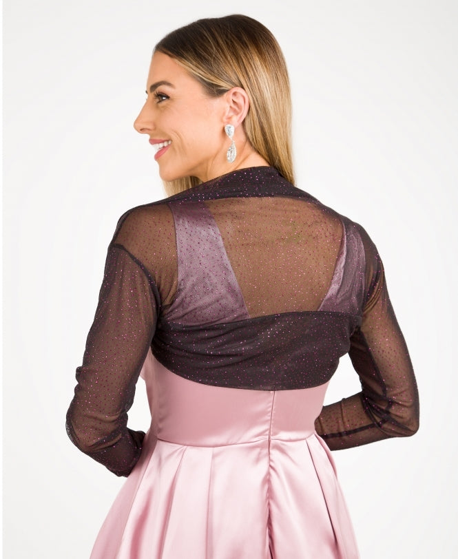 Ruched Long Sleeve Mesh Shrug Pink (Glitter)