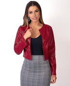 PU Cropped Open Style Jacket Dark Red