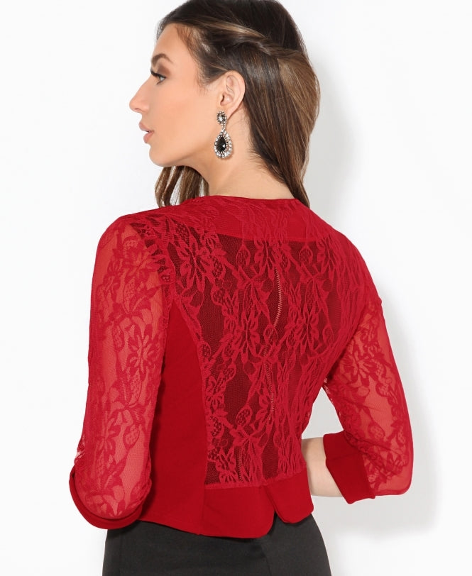 3/4 Sleeve Lace Back Shrug Red