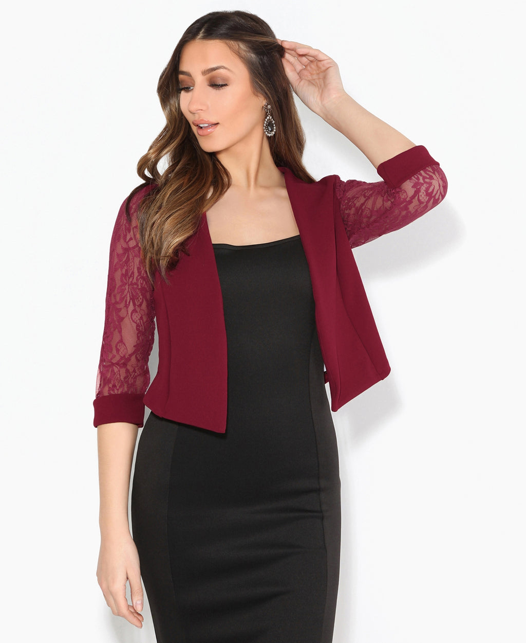 3/4 Sleeve Lace Back Shrug Wine
